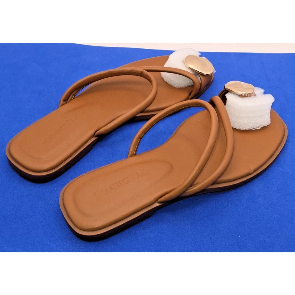 Womens Brown Slide Sandals Size 7 Gold Accent Flat Slip On NEW No Box